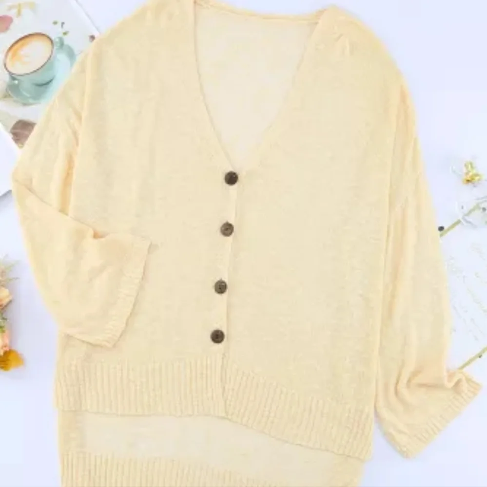 🍁New Apricot Loose Lightweight V Neck Buttoned Sheer Knit Cardigan - Picture 11 of 17